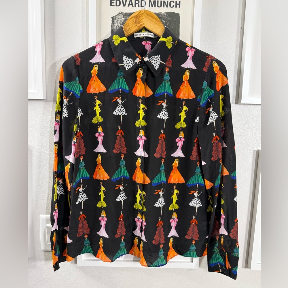 Alice + Olivia Willa Romantic Stace Face Black Shirt Blouse Women Size M
